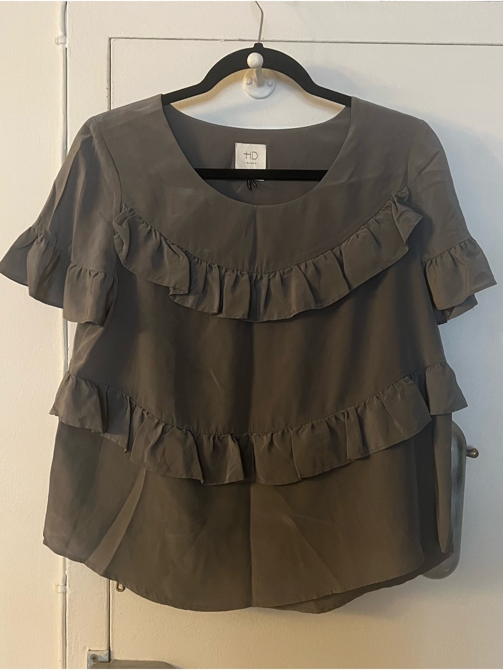 Anthropologie Gray Ruffle Short Sleeve Blouse